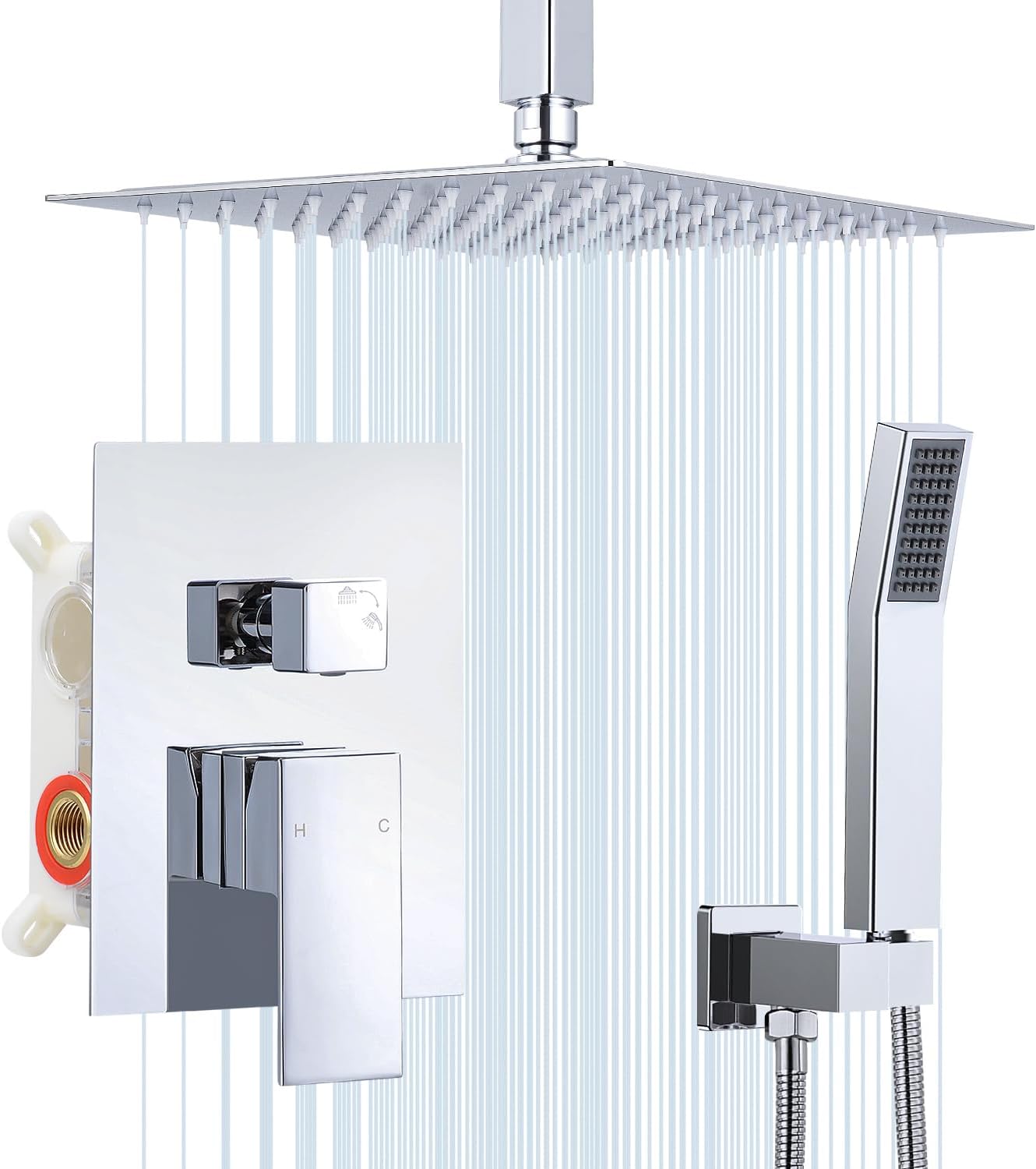 HGN 10 Inch Ceiling Mount Shower Faucet Set Square Showerhead Bathroom Rainfall Shower System SUS304 Stainless Steel Shower Trim Kit (Chrome), 16*20*13 (HGN-PTAZ-DD-001C-10)