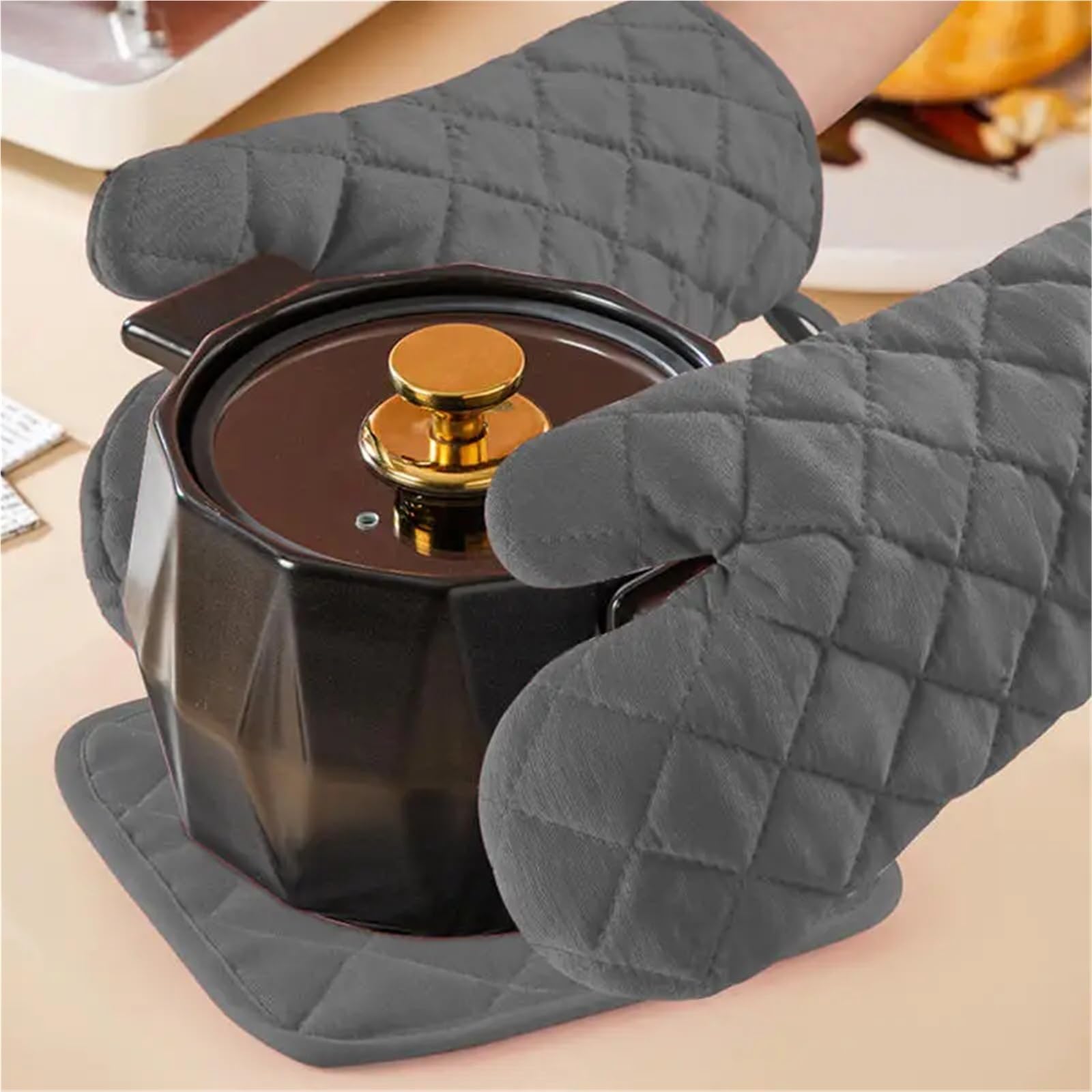 Gants de Four Longs en Tissu, 1/2 pièces, Gants Anti-brûlure résistants à la Chaleur élevée for la Cuisine, Four à Micro-Ondes(Grey-2Pcs)