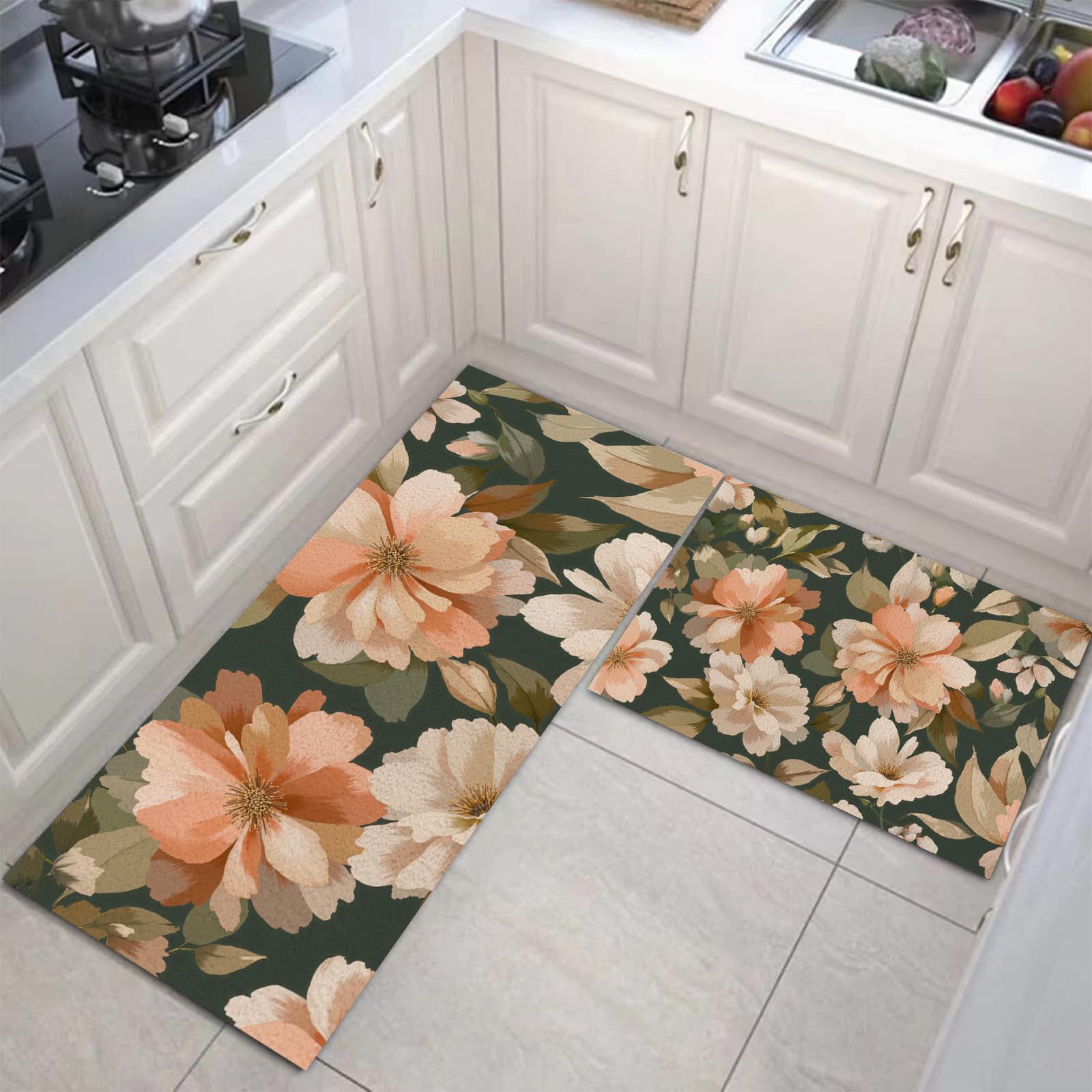 Tapis de cuisine lavable et antidérapant lot de 2 (50x120+50x80cm, orange fleurs)