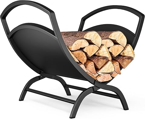 VOUNOT® Estante Almacenamiento Leña 40.5x32x33cm Soporte de Madera Metálico, Cesto de Leña Leñero Interior y Exterior en Forma de X, Estantería Organizador para Troncos de Chimenea Plegable, Negro