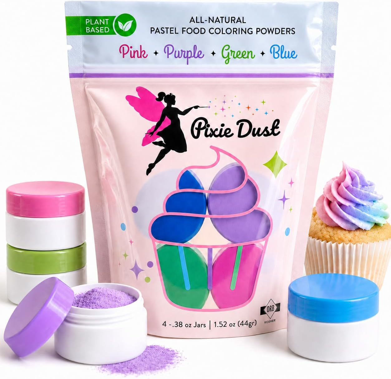 All-Natural Food Coloring Powders Pastel Set - Pink, Purple, Blue & Green. | Perfect for cake decorating, cookie frosting, icing & drinks | Dye-Free, Plant-Based, Flavorless, Kosher | No-Carmine, No annatto, No Propylene Glycol | By PIXIE DUST | Large .38 oz Each Color 1.52 oz - 44 gr Total.