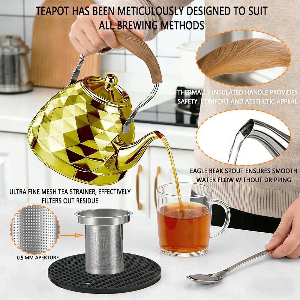 Tea Kettle 51oz Stainless Steel Stovetop Tea Pot, Loose Leaf Tea Kettle with Strainer & Heat Insulated Handle, Diamond Pattern Design (Gold, 1.5, Liters)