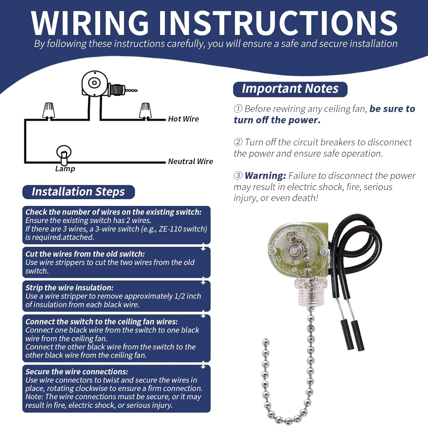 Ceiling Fan Light Pull Chain Switch, Replacement for Hunter Hampton Bay Harbor Breeze Ceiling Fans, ZING Ear On/Off Light Control Switch (2, ZE-109 Nickel) - Image 7