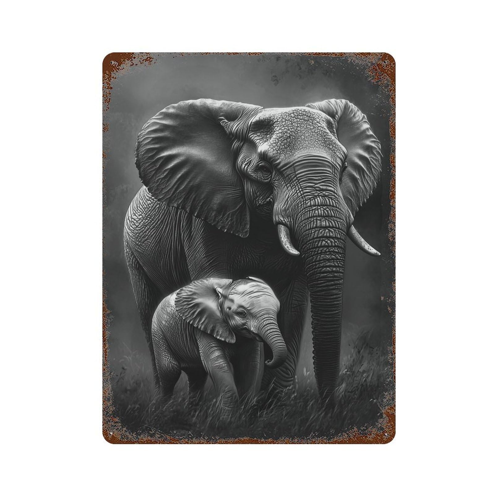 Elephant Family Portrait Vintage Wall Sign 15.7"x11.8", Rust Effect Metal Decor for Cafe, Home Bar And Lounge Decor