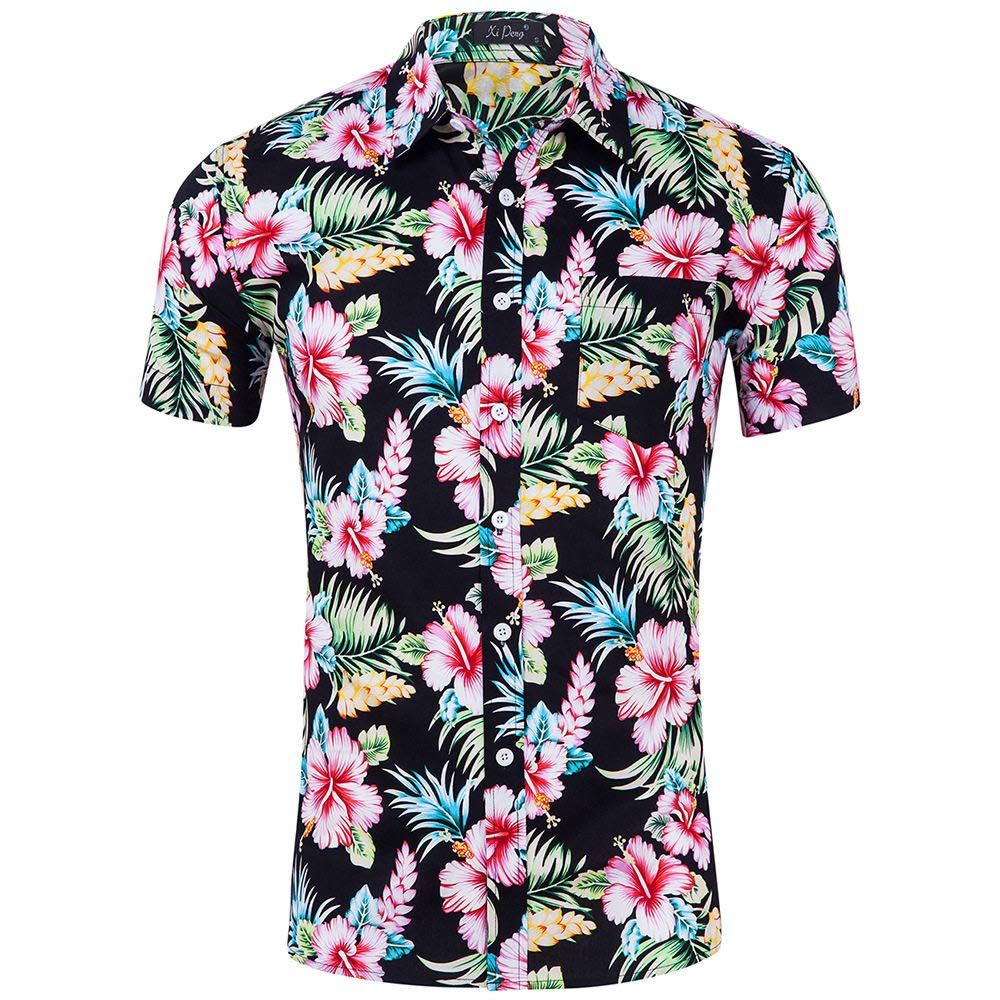 Camicia Maniche Corte Uomo, Camicia A Fiori da Uomo Verde Foglia Fiori Stampa Camicia Hawaiana Nera Camicia A Maniche Corte con Colletto Cubano Camicia da Spiaggia da Uomo Button Down Top