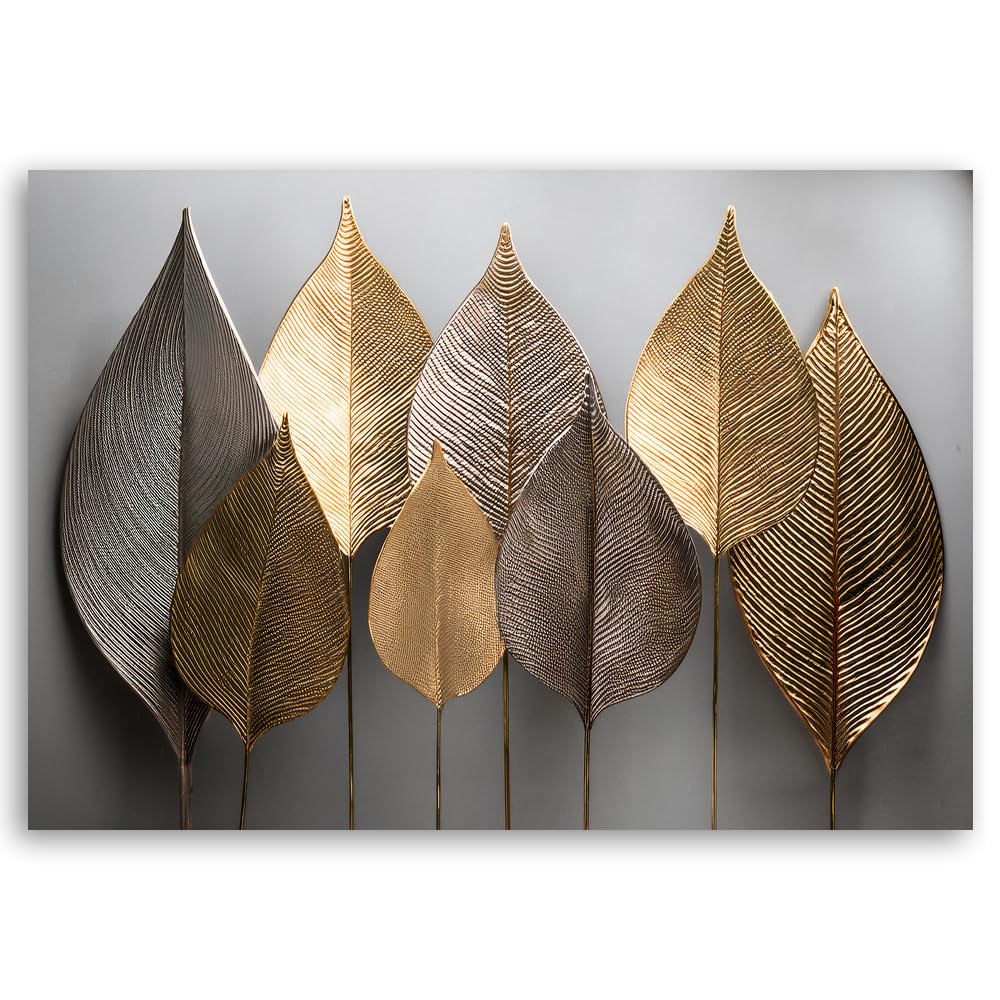 Feeby Lienzos Decorativos - Cuadros Decoracion Salon Modernos - Minimalismo Hojas doradas Abstracto - 90x60 cm - Decoración Para el Salón y el Dormitorio