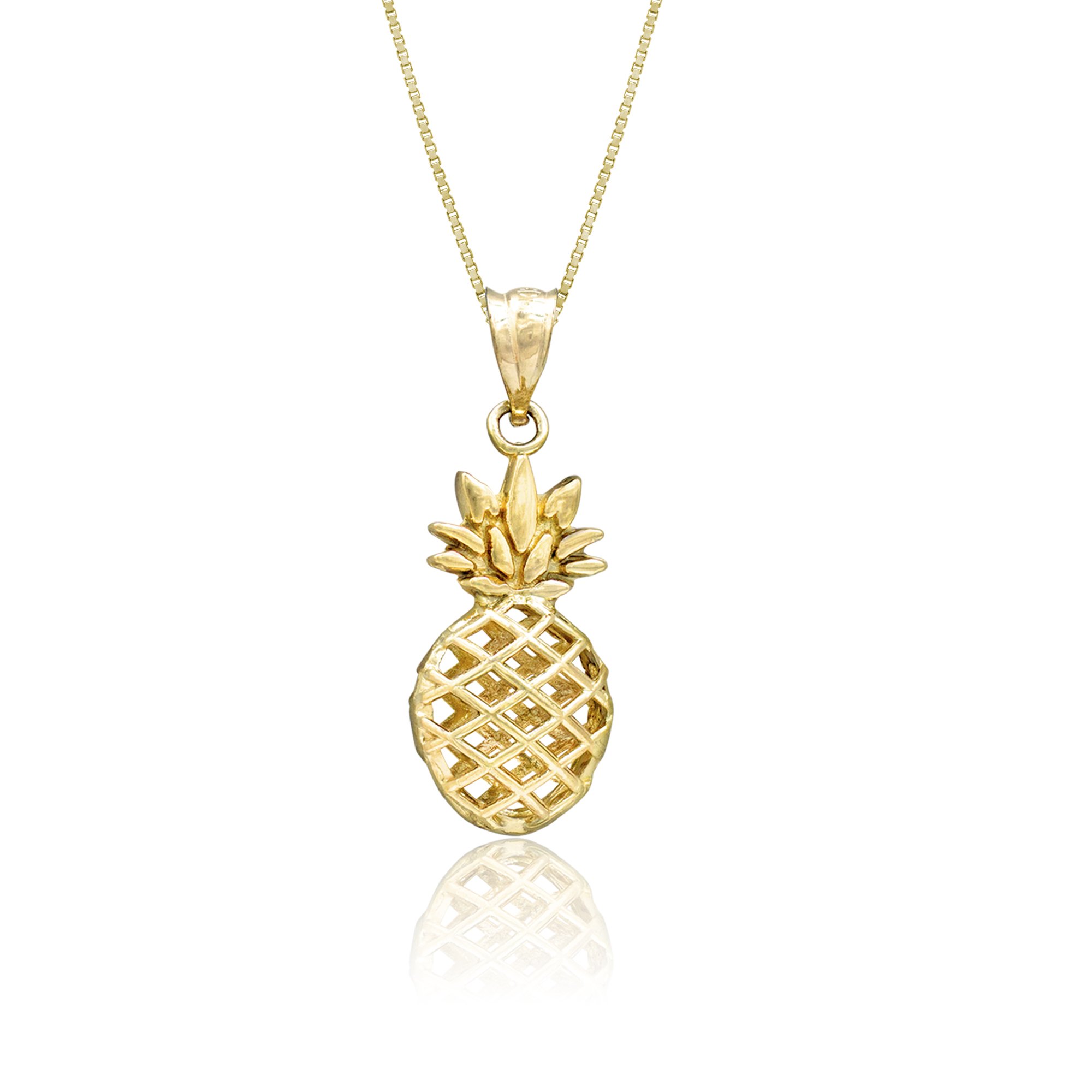 14K Real Solid Yellow Gold Pineapple Tropical Necklace Pendant with 18" Box Chain