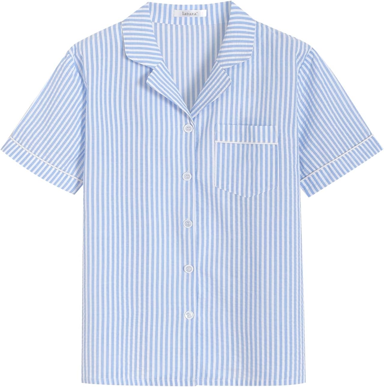 Latuza Women's Seersucker Capri Pajama Set Cotton Button Up Top Capris Pj Set