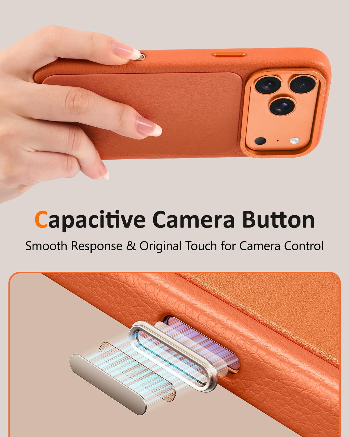 OATSBASF Genuine Leather Case for iPhone 17 Pro, Camera Control Button, Compatible with MagSafe, Metal Camera Bezel, Slim Fit, Shockproof Protective Phone Cover 6.3", Orange
