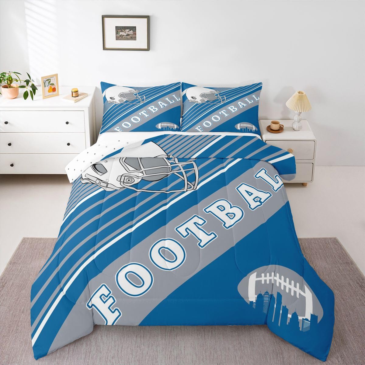 Erosebridal Sports Football Bedding Comforter Sets White and Sky Blue Rugby Helmet Bedding Full, Football Themed Comforter Set Retro 3D Ball Game