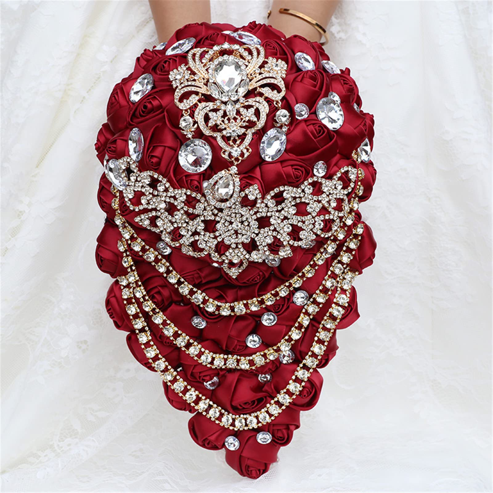 Bouquet da sposa di lusso bouquet di rose bouquet artificiale a cascata spilla con strass di perle matrimonio nuziale