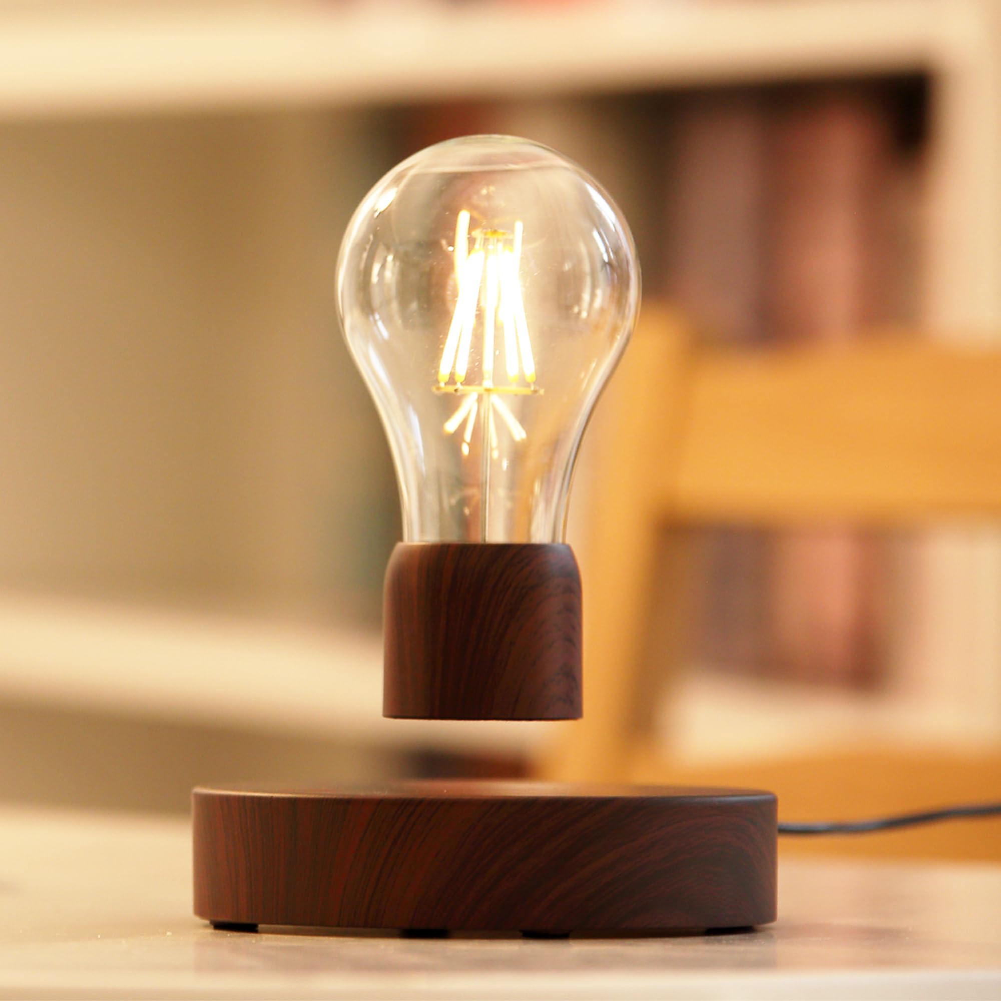 Magnetic Levitating Floating Wireless LED Light Bulb Desk Lamp for Unique Gifts, Room Decor, Night Light, Home Office Decor Desk Tech Toys (Round Wooden Base..)