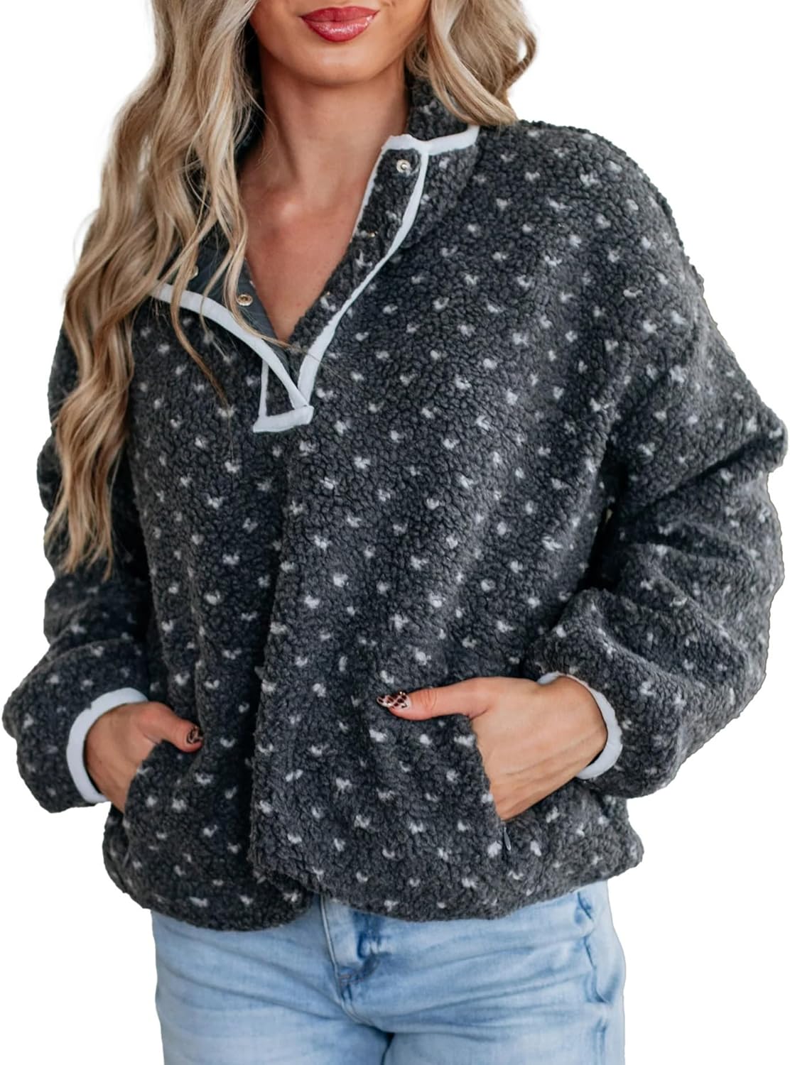 Fuzzy Fleece Jacket Women Long Sleeve Half Button Down Tops Casual Sherpa Pullover Sweatshirts Warm Winter Outerwear(Dark-Grey,L)