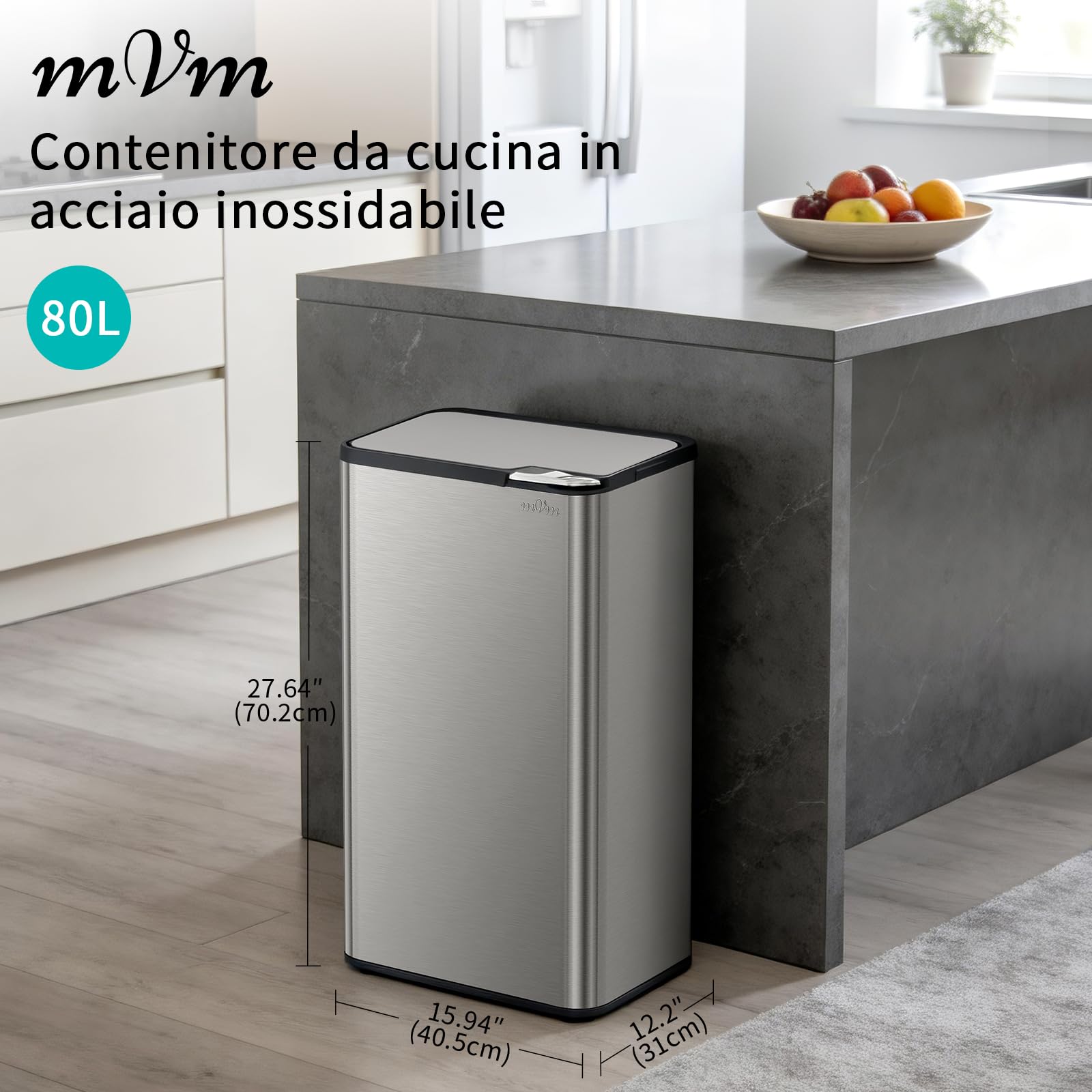 mVm Pattumiera da Cucina a Pressione Manuale 80 L, Cestino della Spazzatura Nero in Acciaio Inossidabile Antimpronte, Chiusura Ammortizzata