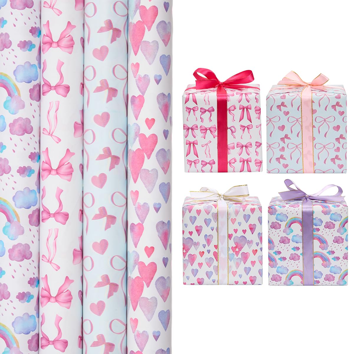 Pink Gift Wrapping Paper Roll, 4 Rolls 43cm x 3M Bow Pattern Wrapping Paper for Birthday Valentine's Day Gift Decoration — image 1