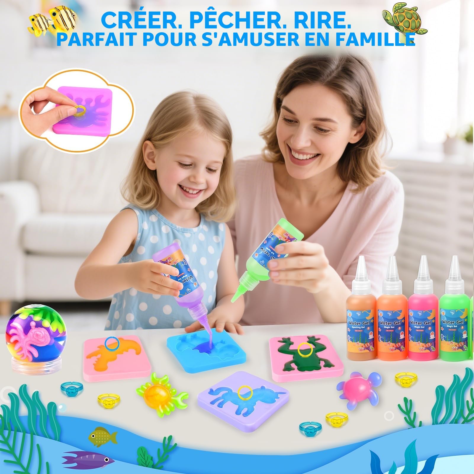 Dreamon Aqua Gel Kit Pêche 71PCS, Jeu Créatif DIY avec 14 Gels Colorés, 20 Moules, 2 Cannes à Pêche, Activité Manuelle Enfant 3+ Ans, Jeu d’Eau Cadeau Fille Garçon 5 6 7 8 Ans