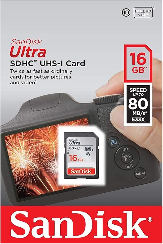 SanDisk Ultra 16GB Class 10 SDHC Memory Card Up to 80MB/S- SDSDUNC-016G