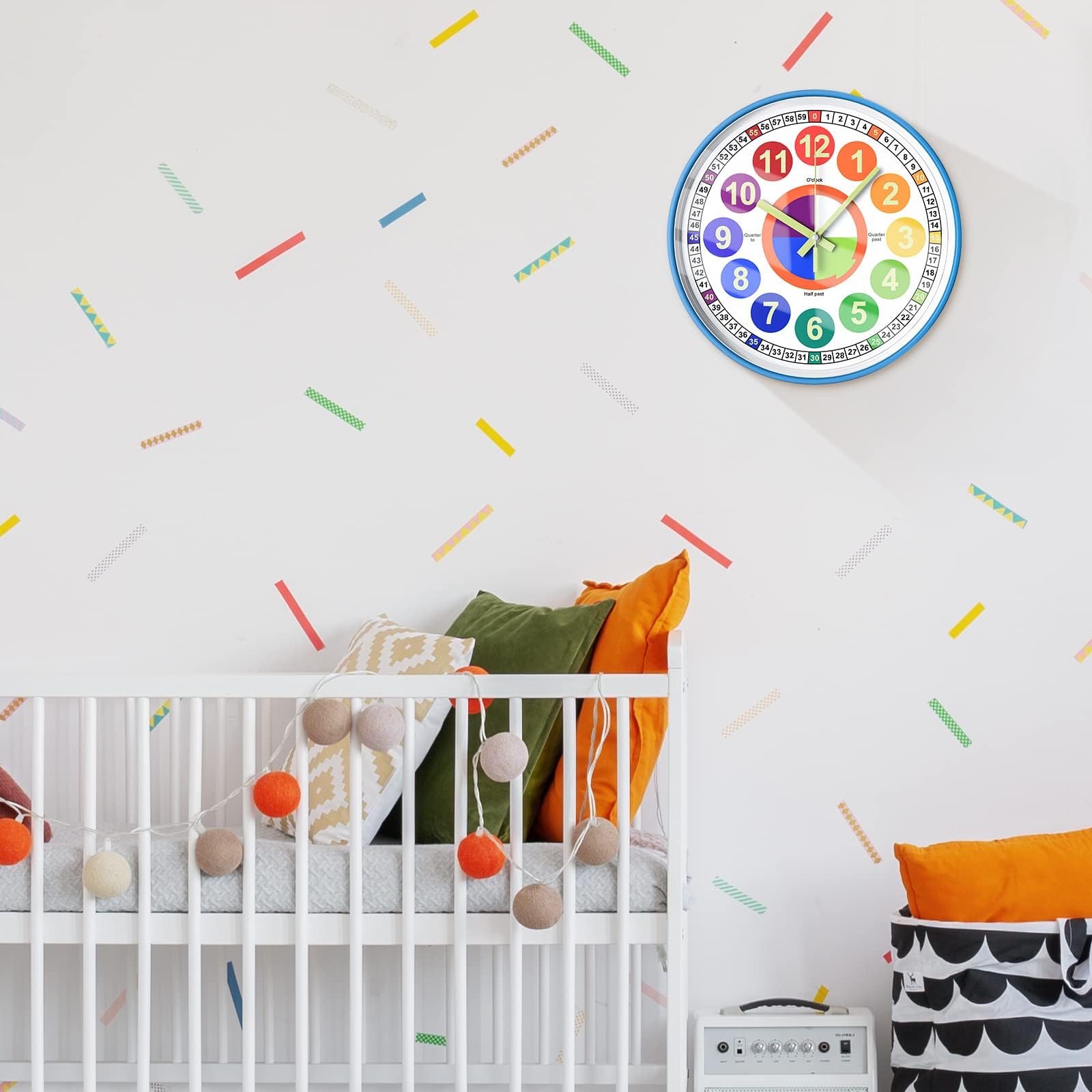 Lernuhr für Kinder, leuchtet im Dunkeln, Wanduhr für Schlafzimmer, 30,5 cm, leises Nachtlicht, Kinder-Wanduhr, bunt beleuchtet, Uhrzeit, Lehruhr, Kinderzimmer-Dekor (beleuchtetes Blaugrün)