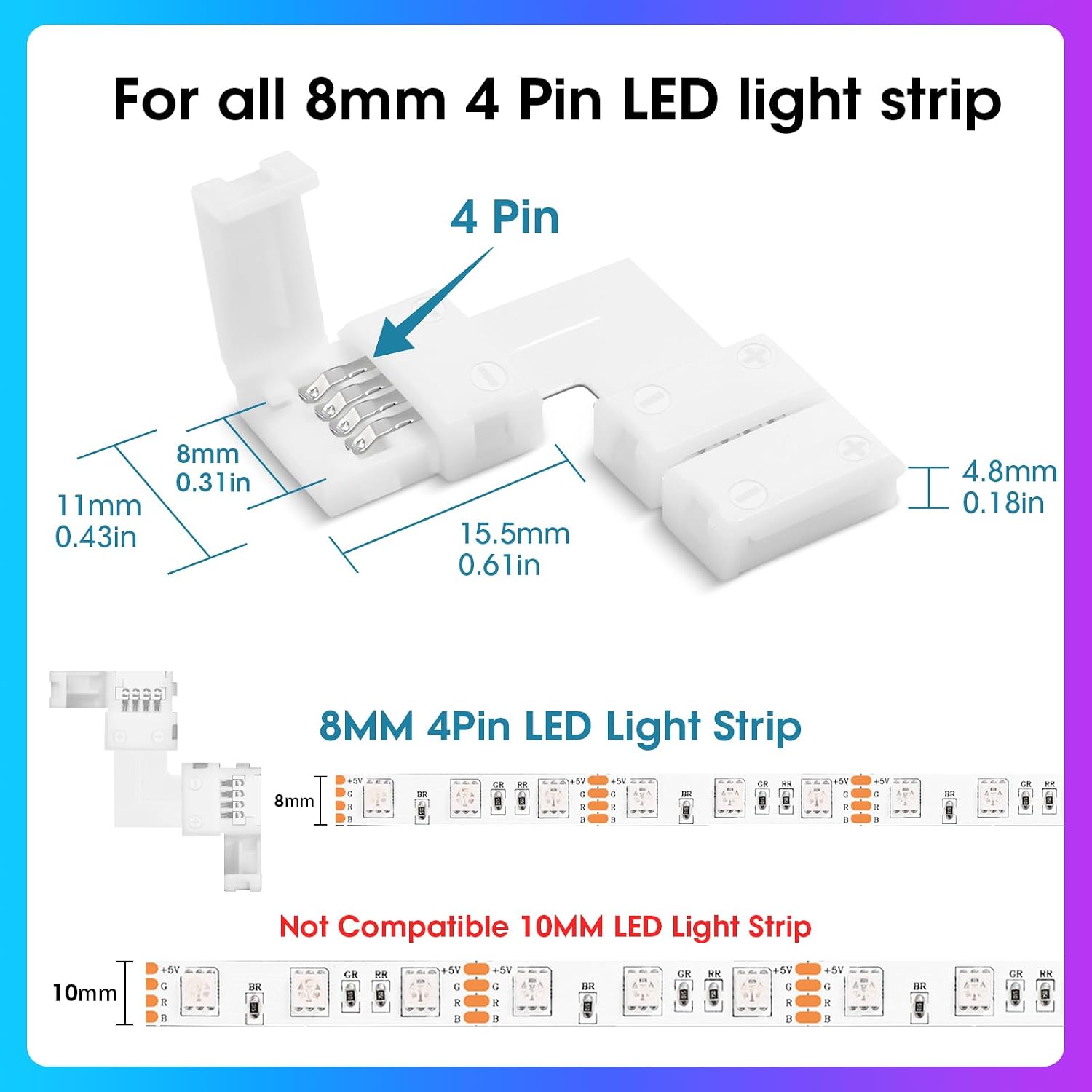 WENHSIN 10Packs 4-Pin L Shape RGB LED Light Strip Connectors 8mm Unwired Gapless Solderless Adapter Terminal Extension image 2