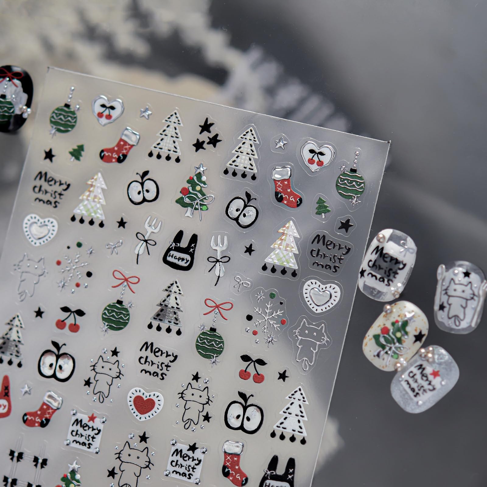 Christmas Nail Stickers Xmas Tree Nail Decals Silver Nail Art Stickers