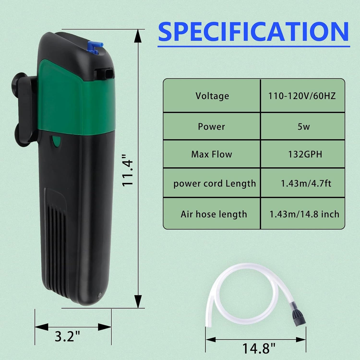 Detailed specifications of the FREESEA Aquarium Power Filter, including voltage, power, max flow, power cord length, and air hose length.