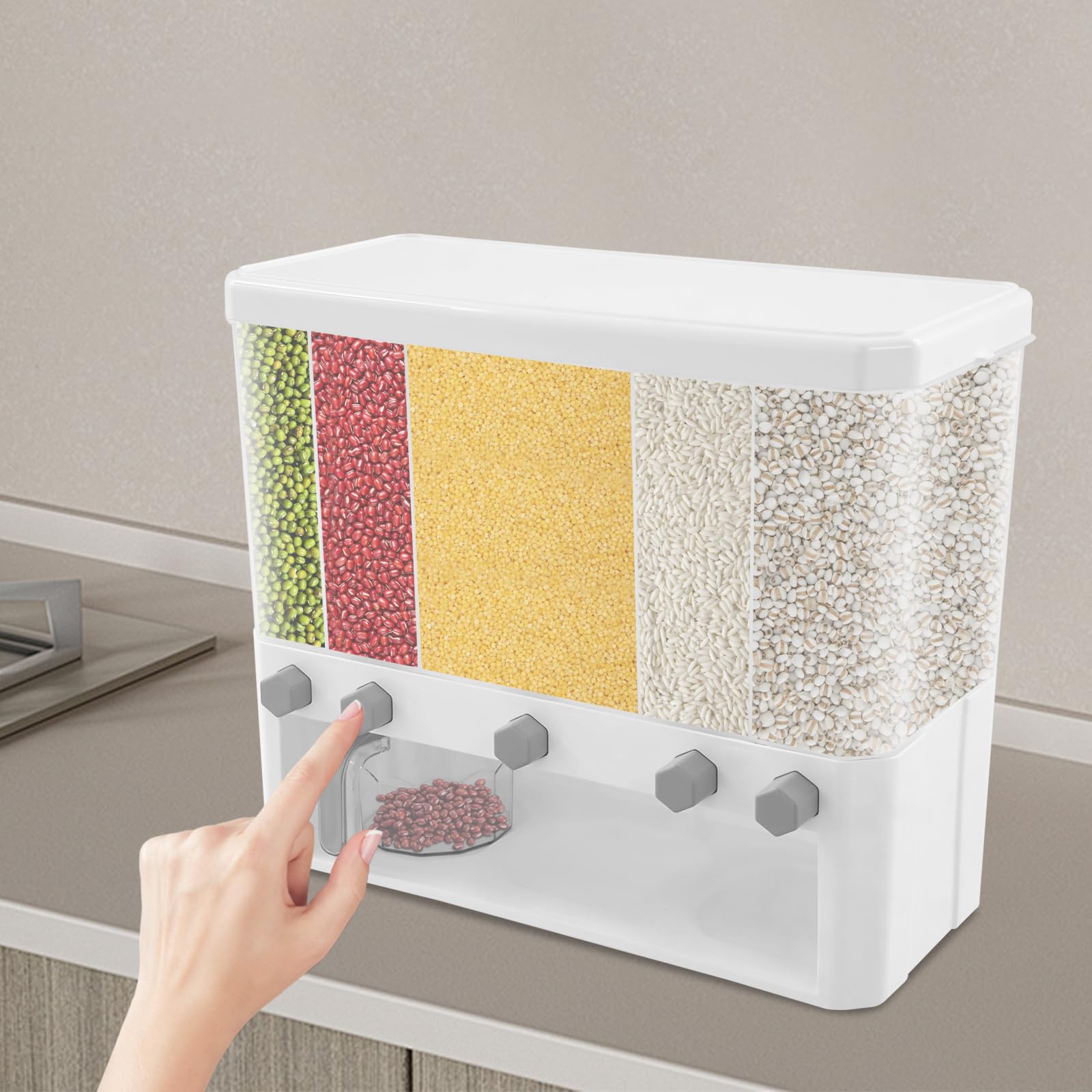 Contenitore per riso a 5 scomparti, dispenser di cereali con misurino e 5 coperchi rimovibili, contenitore per alimenti secchi, portata 15 kg, per riso, pasta, avena, fagioli, cucina, 42 x 19,5 x 35,2