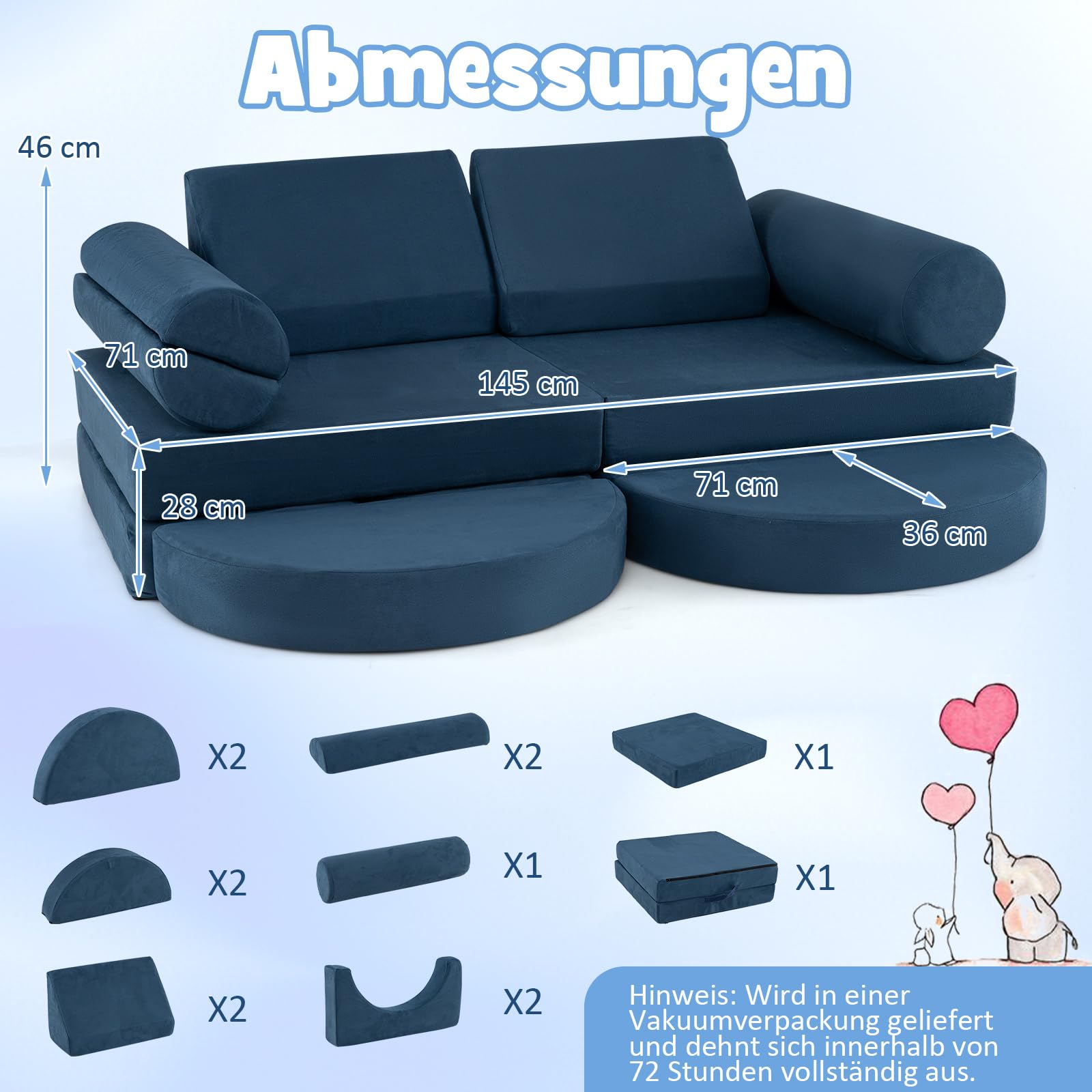 COSTWAY 14-częściowa modułowa sofa dziecięca, do zabawy z pianki, klocków, wspinaczki i raczkowania, rozkładana, do pokoju dziecięcego, pokoju zabaw (granatowa)