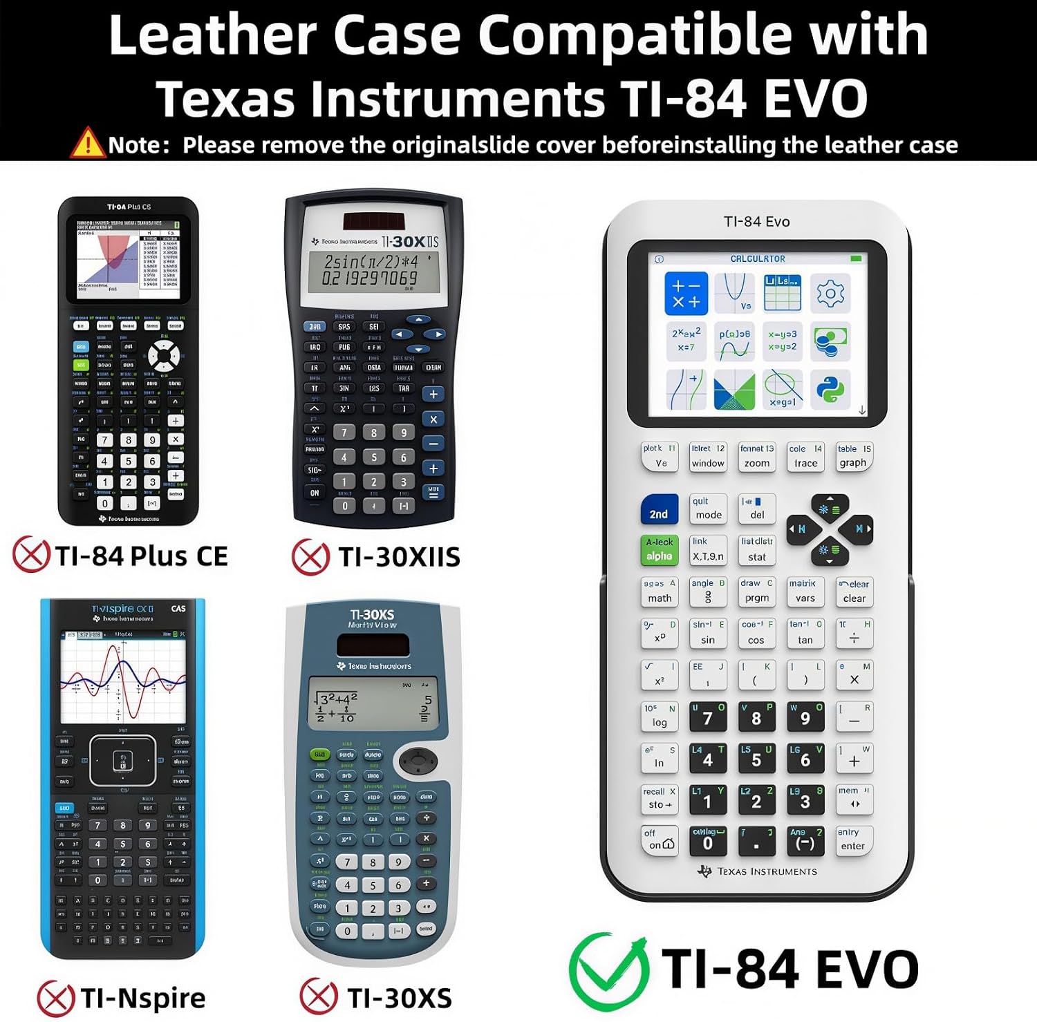 Flip PU Leather Case for Texas Instruments TI-84 Evo Graphing Calculator, Protective Cover with Pen Holder & Screen Protector (Black)