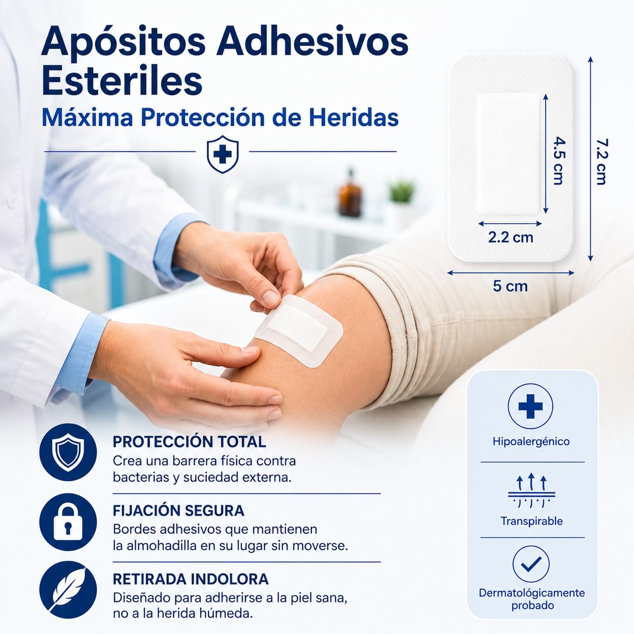 Pack 150 Unidades, 100 Apósitos Adhesivos Estériles Transpirables (5cm x 7,2cm) + 50 Gasas Esteriles de Tejido Sin Tejer (5cm x 5cm) Apositos Adhesivos Parches para Heridas Compresas de Curación