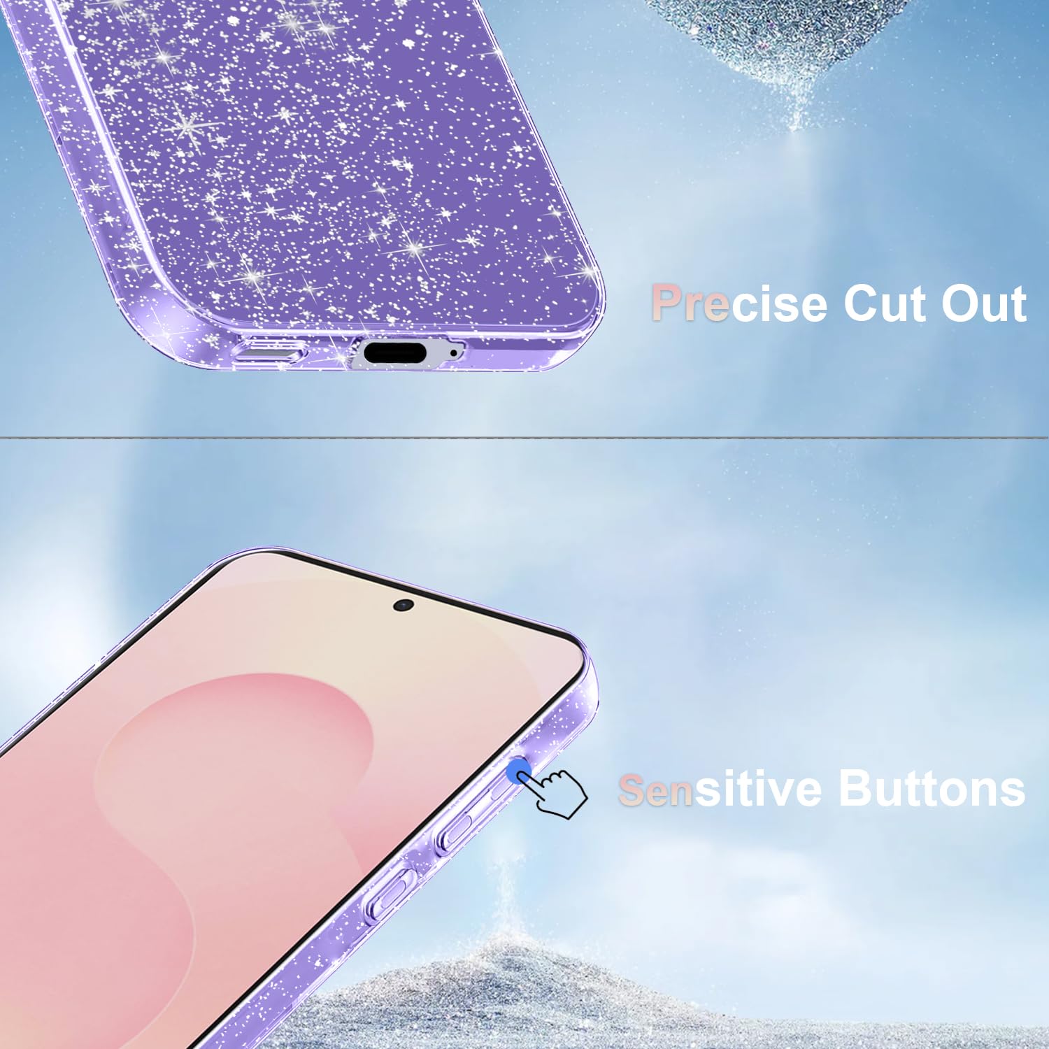 Cover Compatibile con Samsung Galaxy S25 FE 5G ((Non per S25), con 3 Pezzi Vetro Temperato Pellicola Protettiva, Glitter e Antimpronta Custodia, Antigraffio e Morbido Caso - Viola