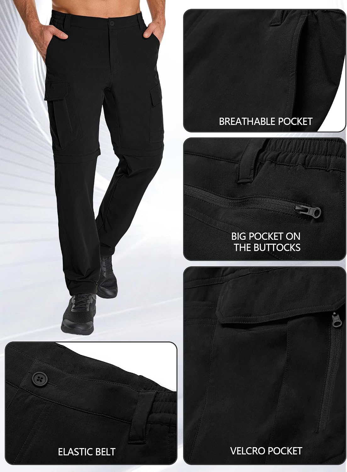 Men's Convertible Hiking Pants Quick Dry Cargo Pants for Men Safari Water Resistant Zip Pockets Fishing Pant