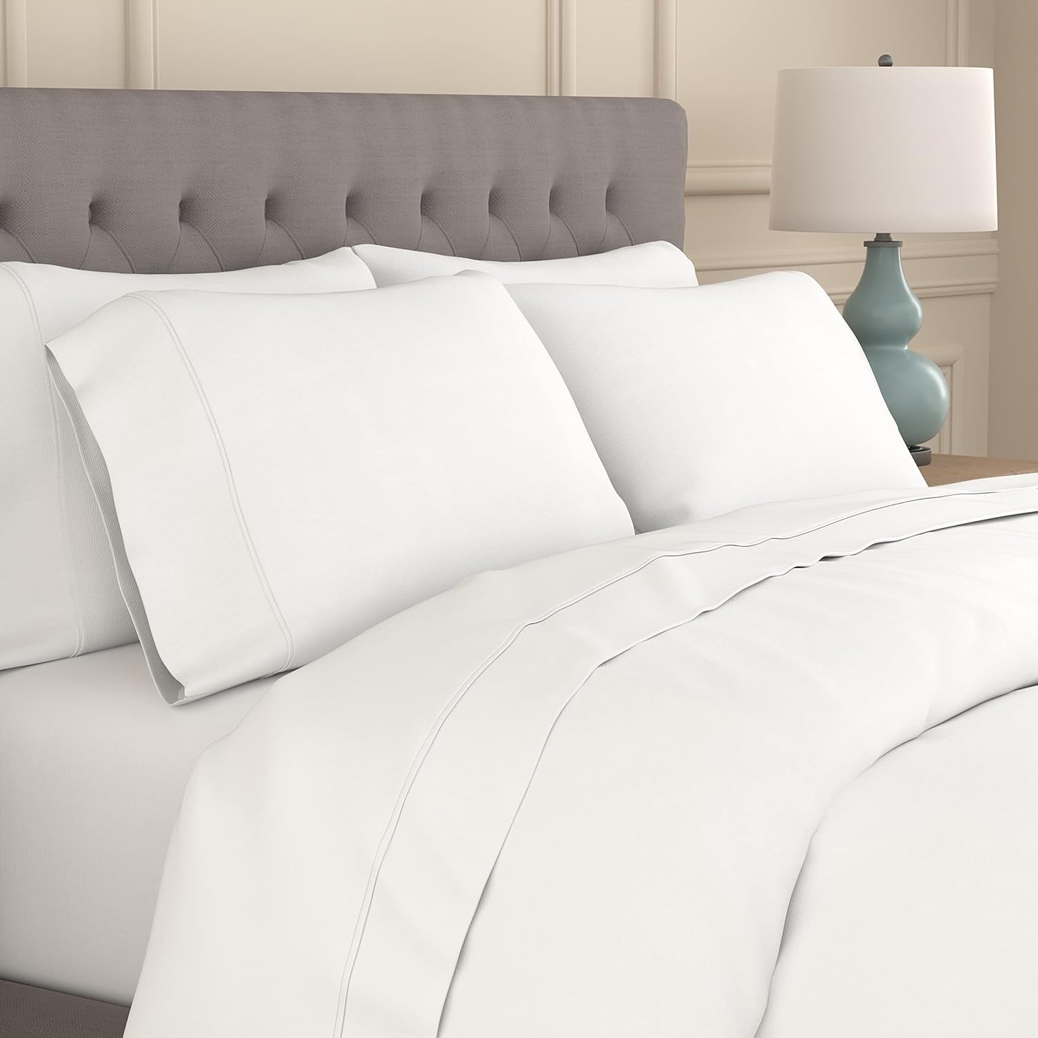 Sealy Clean Comfort 300-Thread Count Cotton Blend Sheets Set with Secure Fit Anchor Bands- Twin Size- White