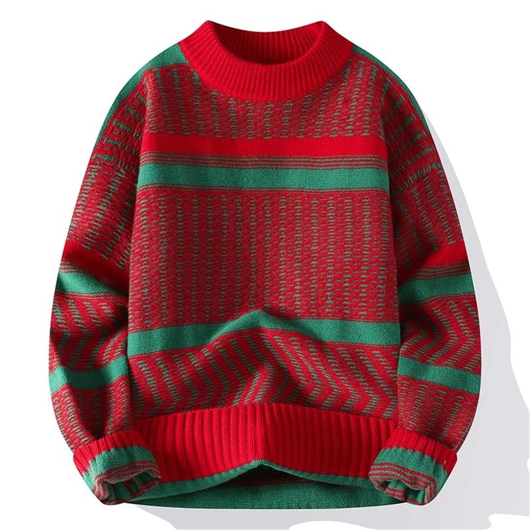 Maglione da uomo con scollo rotondo, caldo, a righe, maglione natalizio