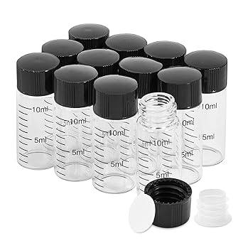 10ml Clear Glass Graduated Vials with Screw Caps and Plastic Stoppers, Small Sample Vials with Lids, Leak-Proof Liquid Storage Empty Vial, 12PCS