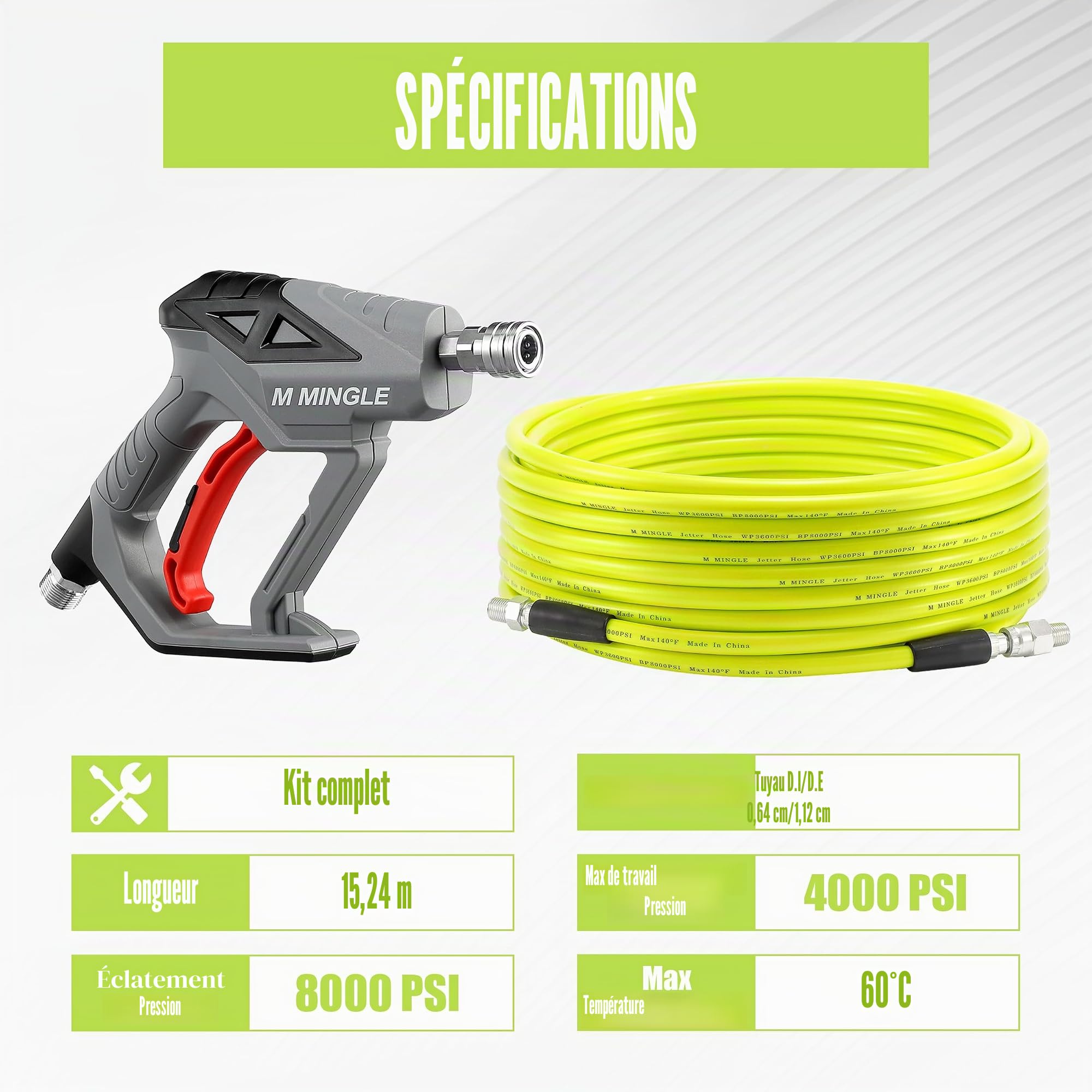 M MINGLE Kit de Jet d'Égout pour Nettoyeur Haute Pression 15M, Tuyau de Nettoyage de Canalisation avec Pistolet de Nettoyeur Haute Pression, 1/4" NPT, 3 Buses d'Égout, Orifices 4,0 et 4,5