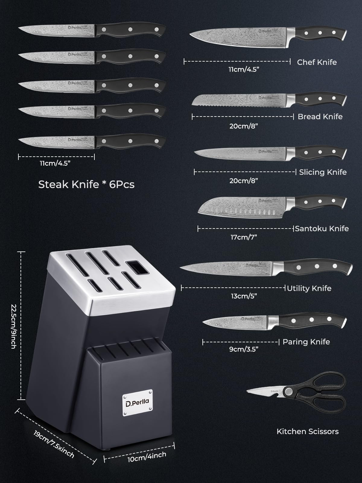D.Perlla Couteau Cuisine, 14 Pièces Bloc de Couteaux avec Technologie Affûteur Intégré, Couteaux de Cuisine en Acier Inoxydable, avec Bloc Couteaux en Bois, Compris Couteaux à Steak, Couteau de Chef