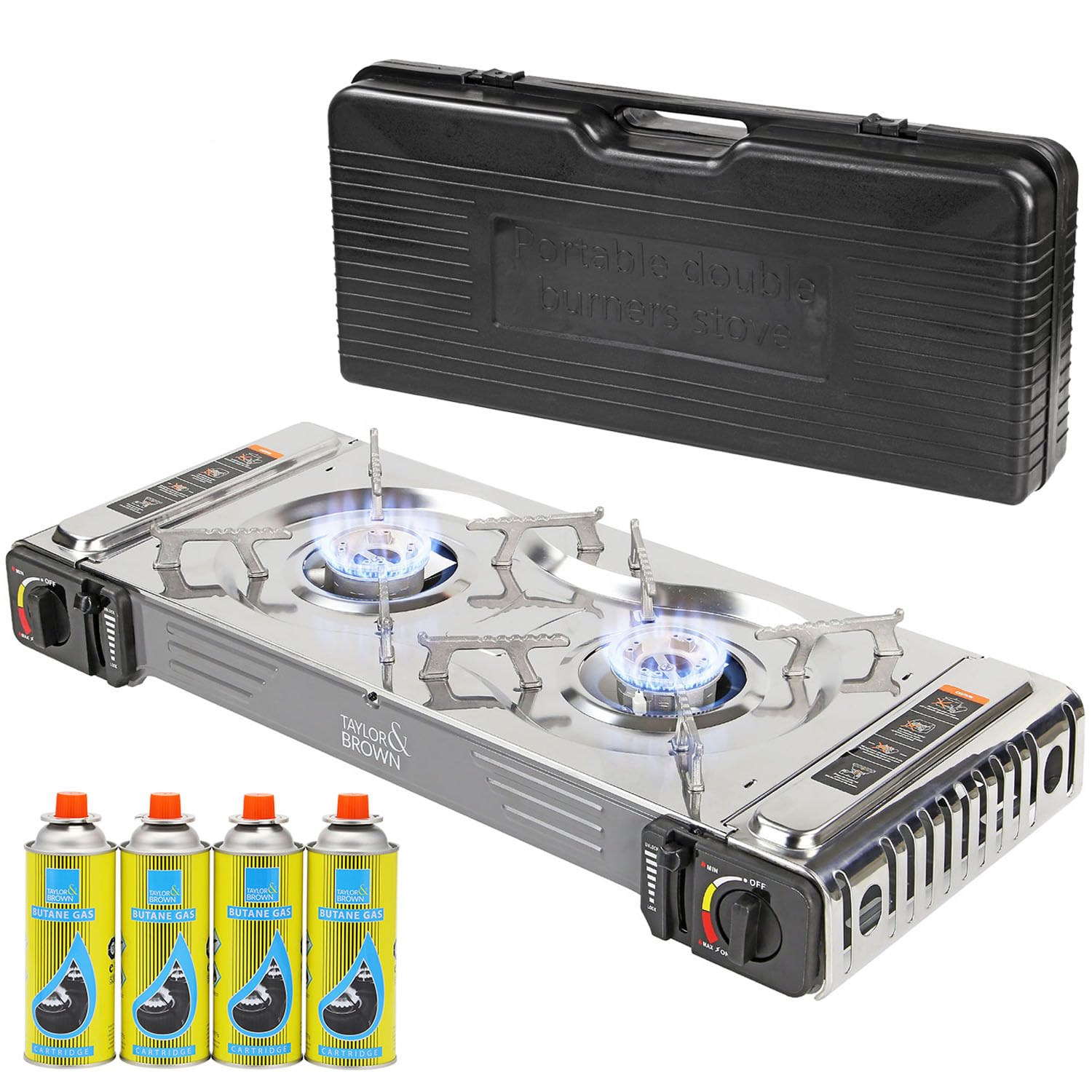 Taylor & Brown Portable Dual Burner Camping Stove Stainless Steel with 4 Butane Gas & Carry Case | EN417 Compliant Premium Gas Double Stove | with Automatic Ignition & Heat Control