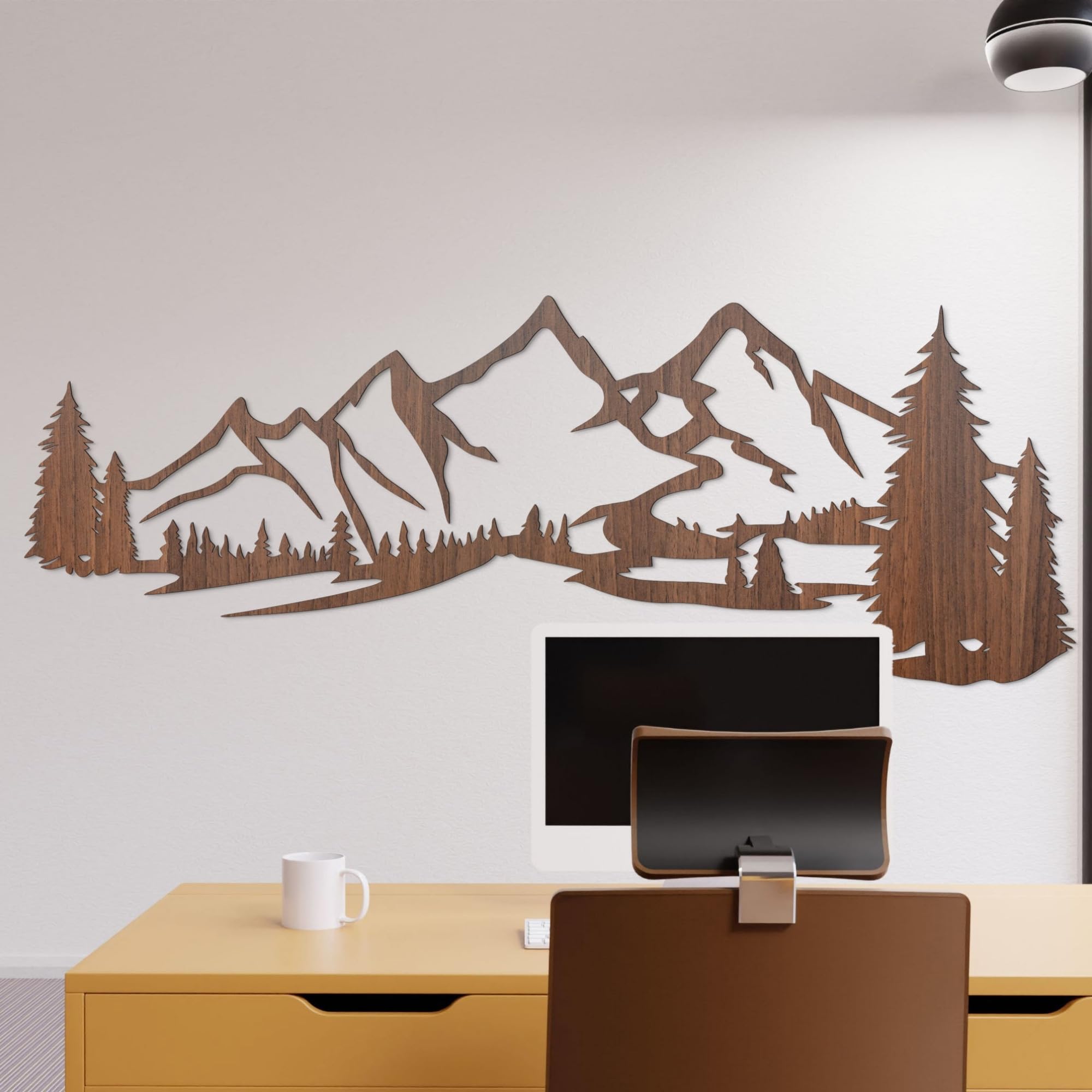 SENTOP HDF0414 Wanddekoration aus Holz – Wandbild Berge & Wald – Natur Holzdeko für Wohnzimmer, Schlafzimmer & Büro – Handgemachte Wandkunst aus Eiche (Walnuss, 178 x 69 cm)