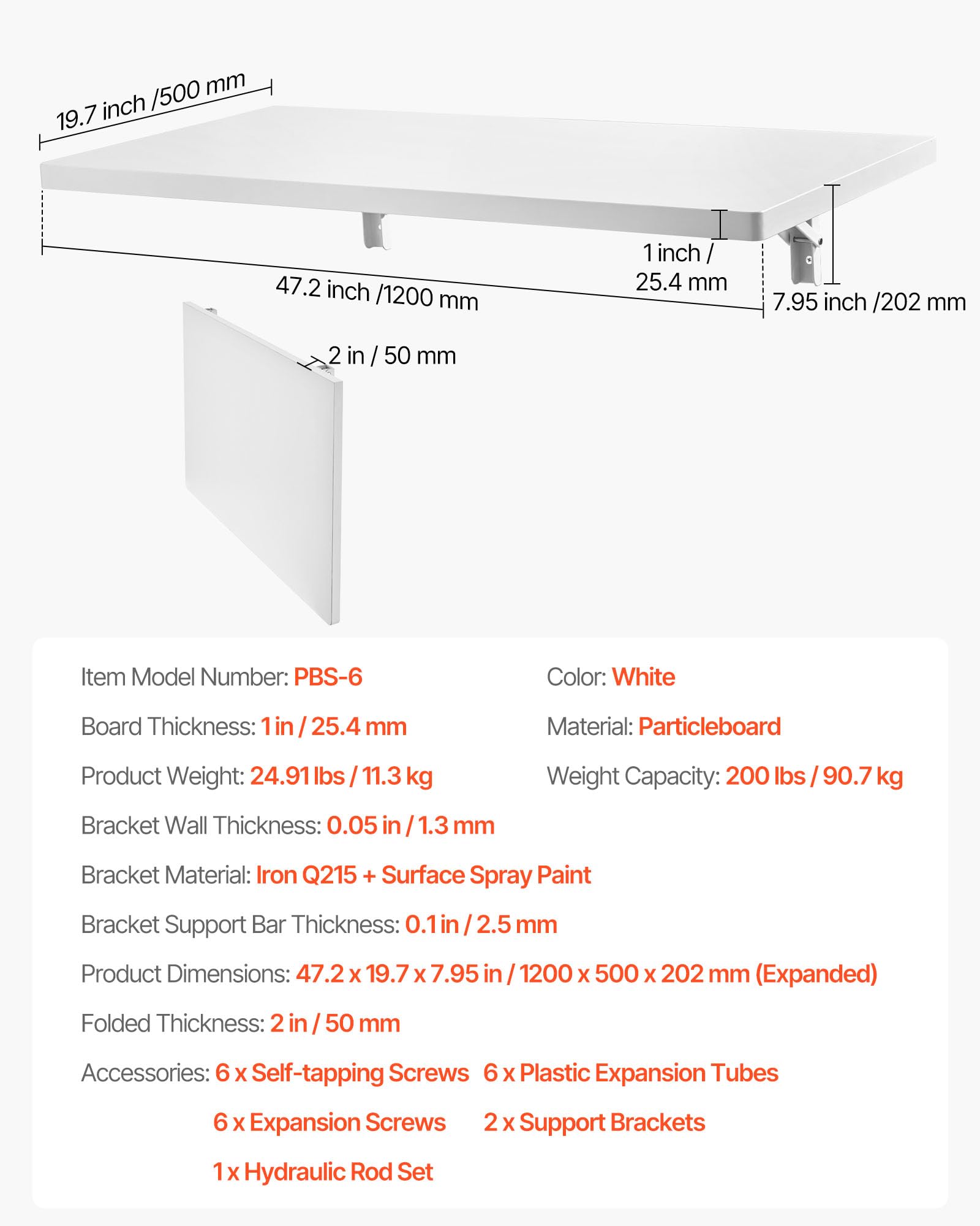 VEVOR Tavolo Pieghevole a Parete, Tavolo a Ribalta Montaggio a Parete 120 x 50 cm Scrivania Galleggiante Staffa in Ferro, Scrivania Pieghevole per Ufficio Domestico, Sala da Pranzo Cucina Bar Bianco