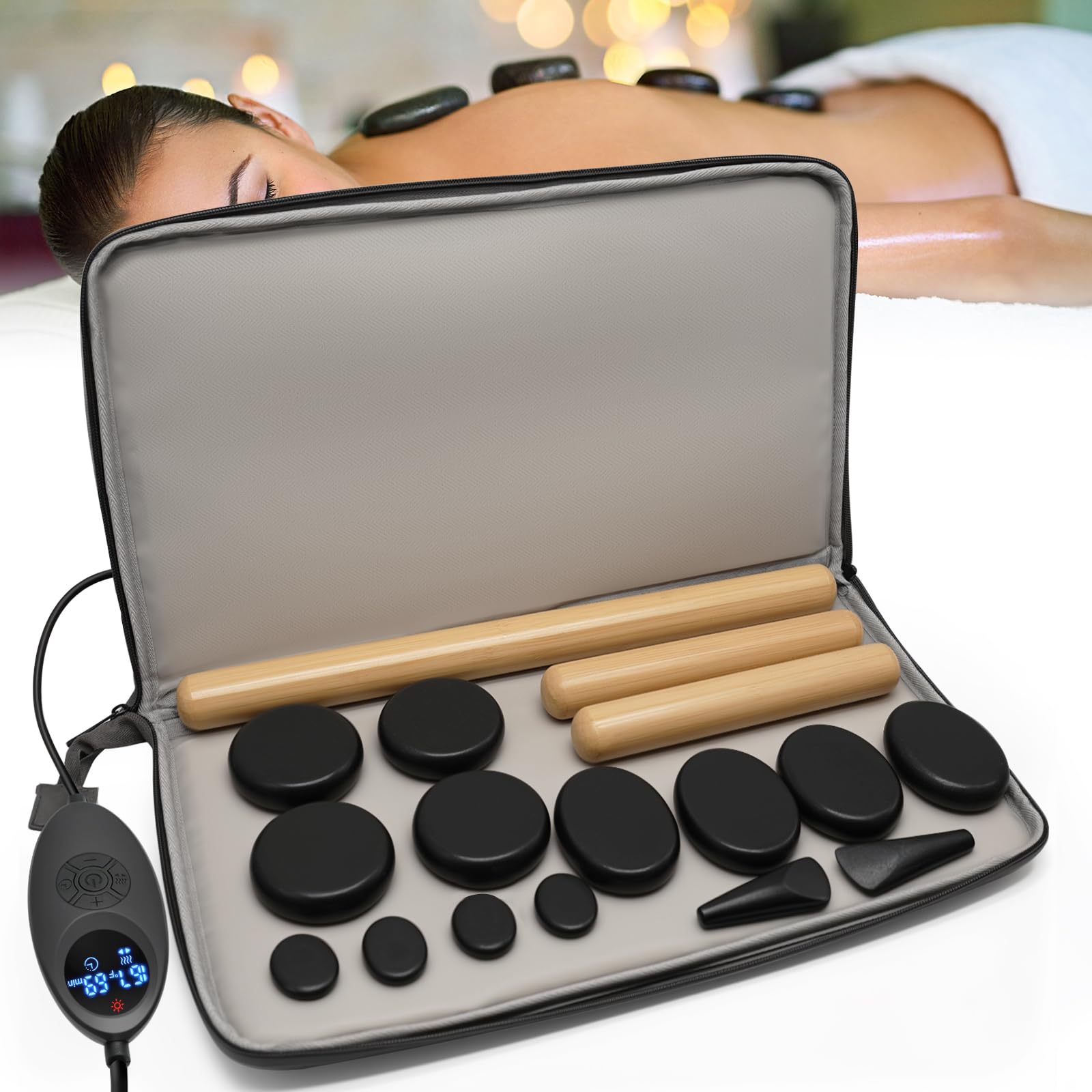 Freudeere 17 Pieces Massage Stones Set with Warmer Kit Hot Rocks Bamboo for Massage,Hot Stones Massage Warmer Kit with Temperature Control and Carry