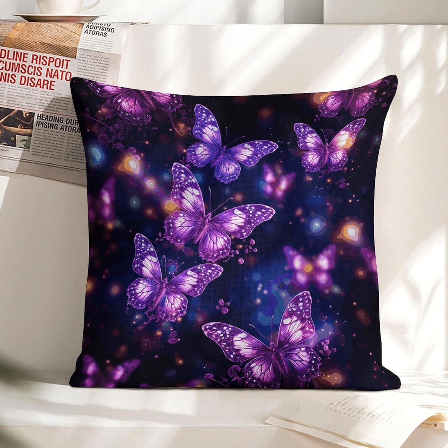 Purple Cute Butterfly Print Pillow Protectors Cute Waterproof Pillow Cover Soft Skin-Friendly Cushion Case Decorative Square Cushion Cover for Couch Sofa Bed Living Room Bedroom