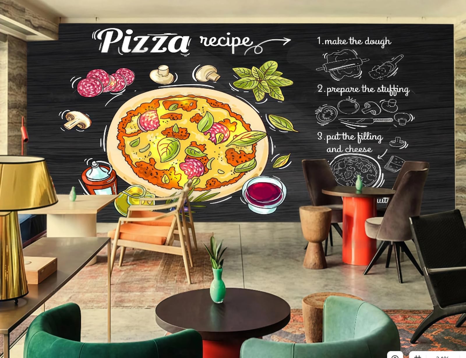 XDOUBAO Wallpaper Retro Blackboard Hand-Painted Delicious Pizza Making Theme Dessert Shop Afternoon Tea Western Restaurant Background Wall Wallpaper Coffee Shop Mural,3D,150x105cm