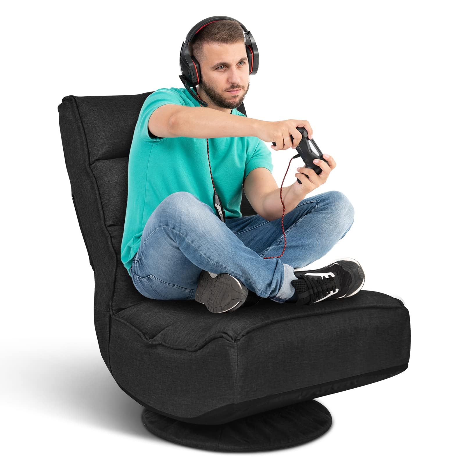 ERGOMASTER Reclining Folding Floor Gaming Chair w/ 360-Degree Swivel, 5 Adjustable Positions（Black）