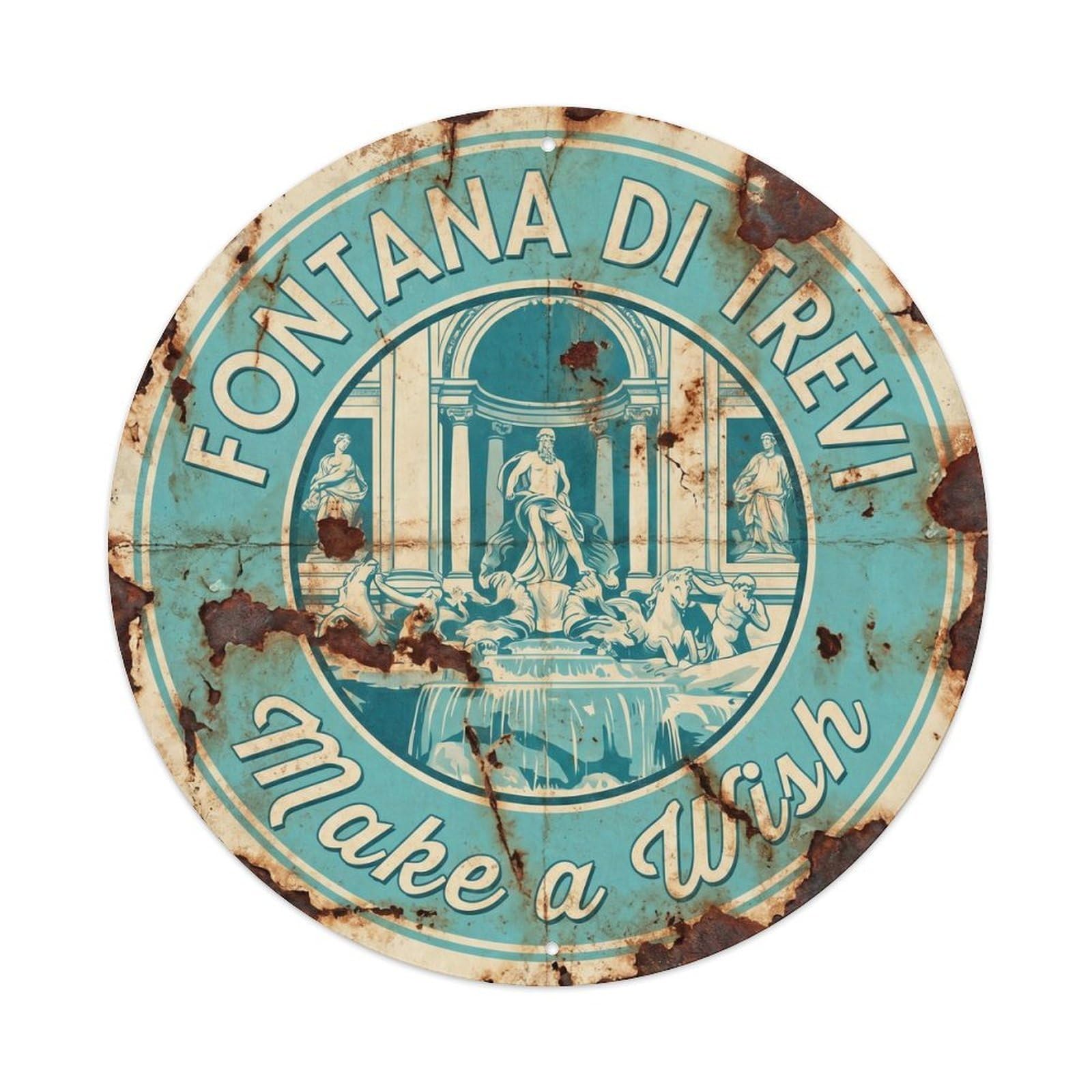 Vintage Travel Trevi Fountain Rome 1 Metal Tin Sign Plaque Wall Decor for Cafe, Club, Garden Round Metal Poster 8x8Inch