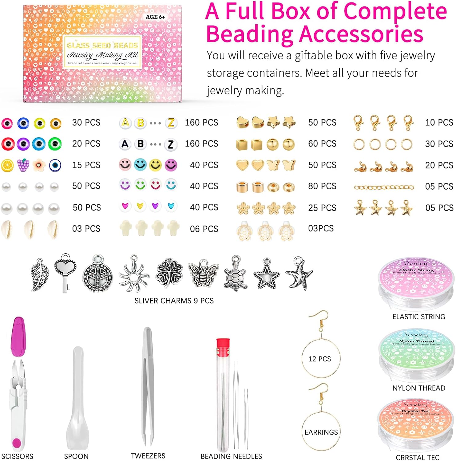 4mm Glass Seed Beads Waist Beads, 15500pcs 96 Colors 6/0 Small Beads for Friendship Bracelet Making Kit with String Cords Letter Charms for DIY Jewelry Making Crafts Kits
