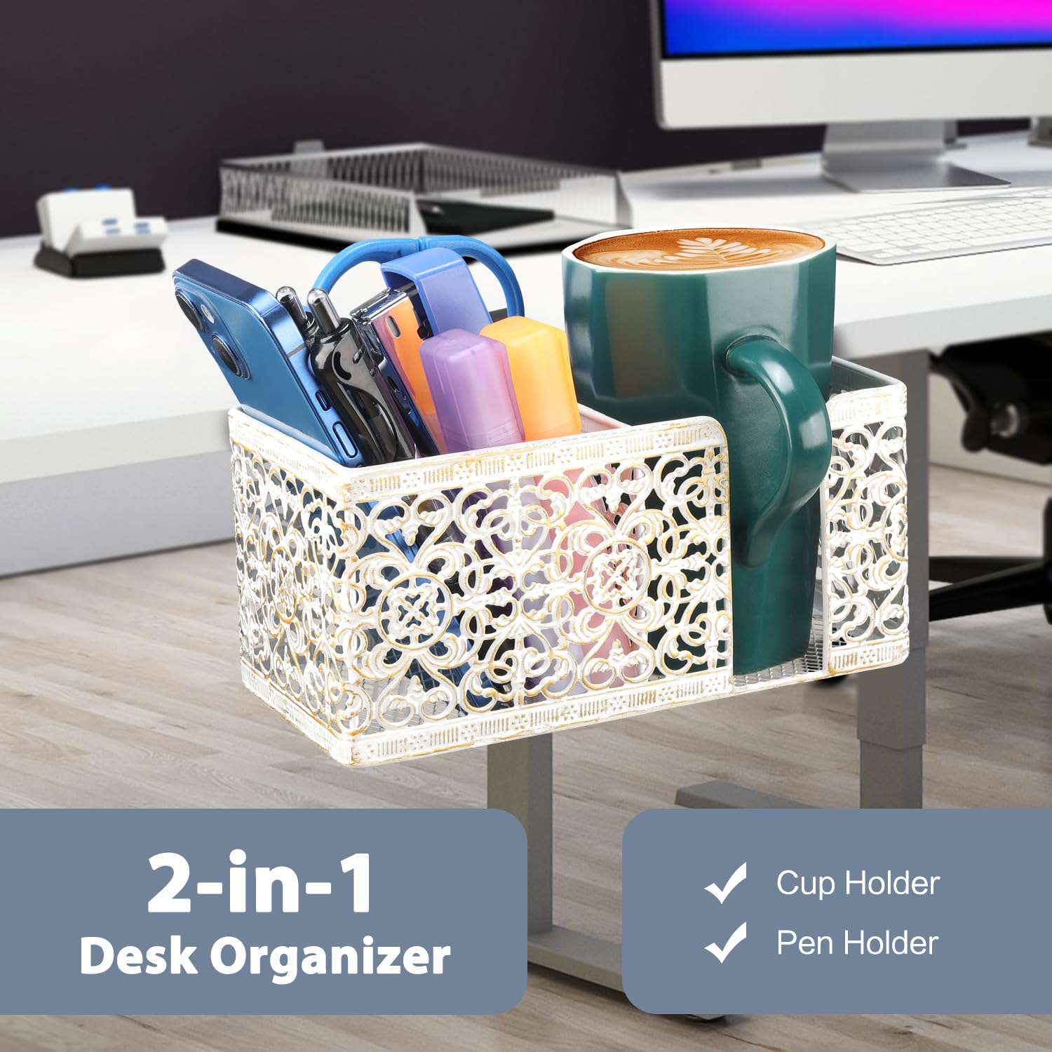 Schreibtisch-Organizer zum Anklippen, Schreibtisch-Becherhalter, Stifthalter für Schreibtisch, Aufbewahrung, Getränke, Handyhalter, Schreibtisch-Organizer und Zubehör, Büro, Schule, Zuhause