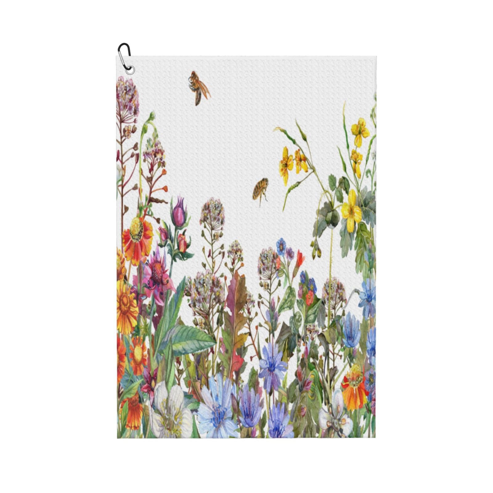 AOOEDM Herbs and Wildflowers Print Golf Towel with Carabiner Clip Absorbent Microfiber Golf Towel for Cleaning Golf Ball Club Putter Iron for Golf Bag Trolly Belt Loop 16" X 24"