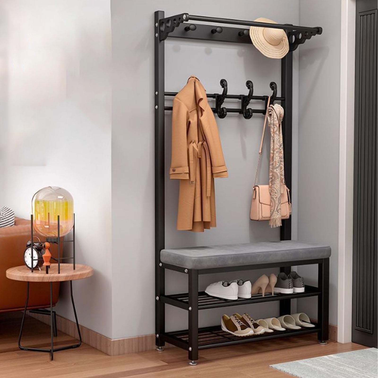 FGXHHS Hall Tree with Bench & Shoe Storage, Entryway Coat Rack Hooks, Metal Frame for Living Room Hall, Stylish Hallway (60cm, Color E)