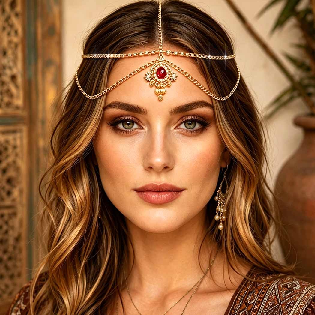 Gold Rhinestone Head Chain Indian Layered Forehead Headpiece Wedding Bridal Hair Jewelry
