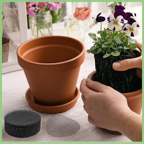 Miniatura 6 de Paquete de 100 agujeros de malla redondos de 2 pulgadas, duradero y reutilizable, protector de suelo para macetas, pantalla para macetas, evita que